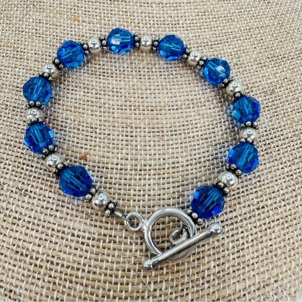Sterling Silver Sapphire Blue Bracelet Faceted Glass Sterling Beads 6 1/4” Wrist